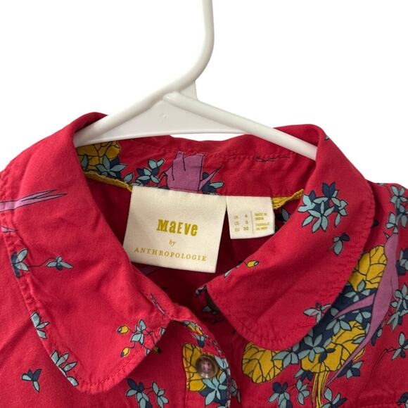Anthropologie Maeve Boho Fredericka Birds Floral Long Shirt Ruffled Top Size 0 - Picture 3 of 3